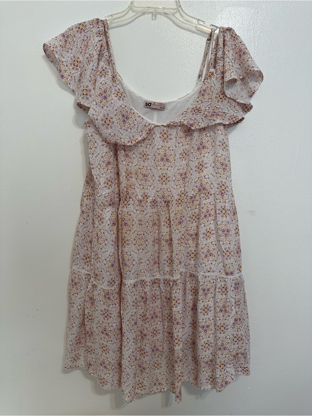 SO Lavender and Yellow Floral Ruffled Neckline Top